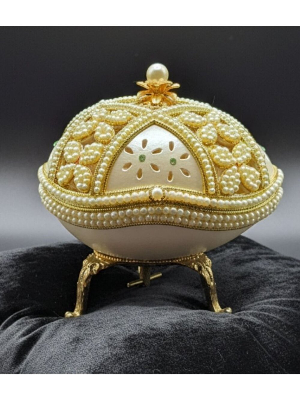 Vintage Pearl-Encrusted Decorative Egg Jewelry Box With Gold Accents & Crystals